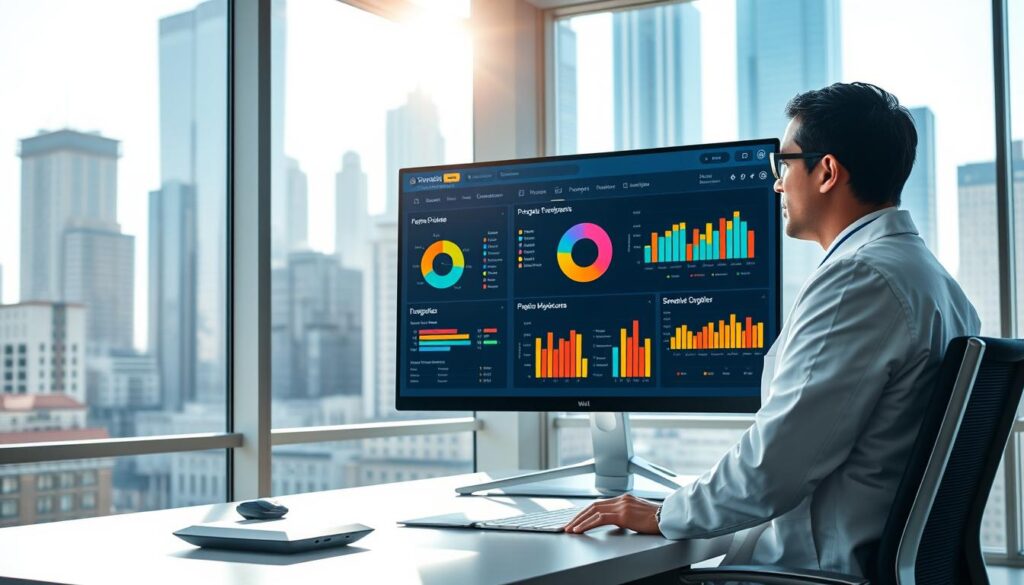 A corporate office interior, brightly lit with natural light streaming through floor-to-ceiling windows. On a sleek, modern desk, an AI-powered donor segmentation dashboard is displayed on a high-resolution monitor. The interface features color-coded data visualizations, intuitive controls, and smooth animations as different donor profiles are analyzed. In the foreground, a data scientist in a crisp white lab coat examines the screen, expression pensive as they study the personalized donor insights. The background is a cityscape of towering skyscrapers, reflecting the scale and ambition of the fundraising efforts supported by this cutting-edge AI technology.
