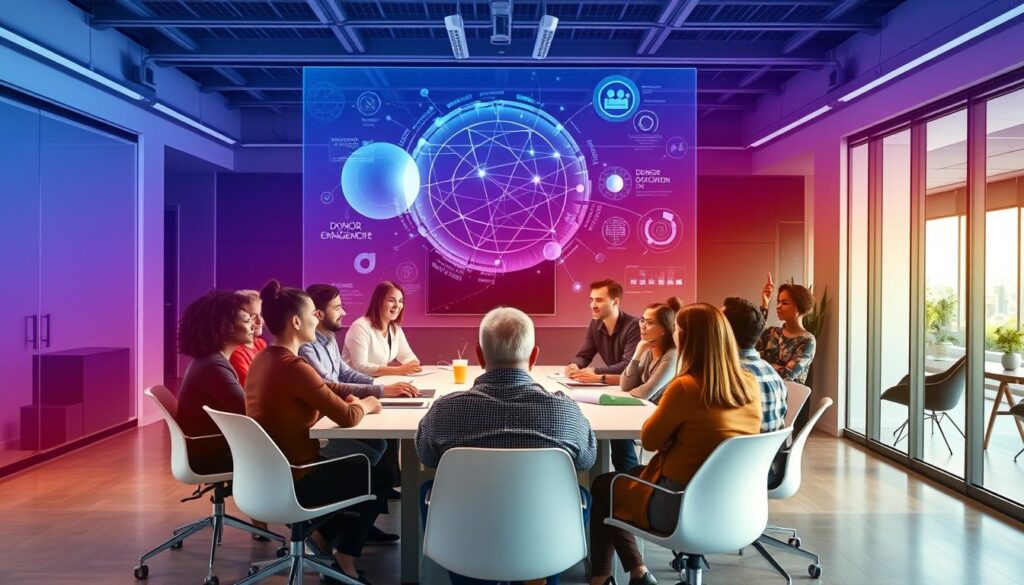 A dynamic, vibrant image of a nonprofit organization's strategic transformation, captured in a modern, minimalist style. The foreground features a group of people, diverse in age and background, gathered around a conference table, engaged in animated discussion. The middle ground showcases a large, holographic display, projecting intricate data visualizations and strategically mapped pathways, representing the organization's shifting donor engagement approach. The background is a sleek, contemporary office space, with clean lines, natural lighting, and a sense of purpose and innovation. The overall mood is one of collaborative energy, forward-thinking, and a commitment to harnessing the power of data-driven insights to revolutionize nonprofit fundraising strategies.