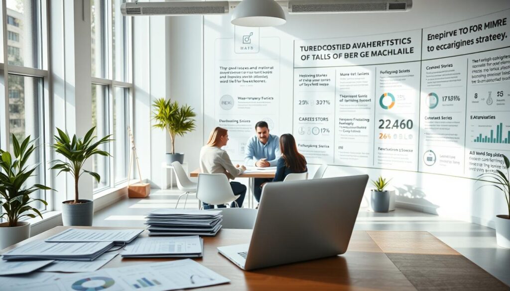 A serene and professional office setting, with an abundance of natural light streaming through large windows. In the foreground, a desk displaying various documents, reports, and a laptop, symbolizing the meticulous case studies being explored. The middle ground features a thoughtful nonprofit team gathered around a conference table, engaged in a collaborative discussion. The background showcases a wall adorned with inspiring success stories and statistics, highlighting the real-world impact of AI-powered fundraising strategies employed by these organizations. The overall atmosphere conveys a sense of purpose, innovation, and a commitment to driving positive change.