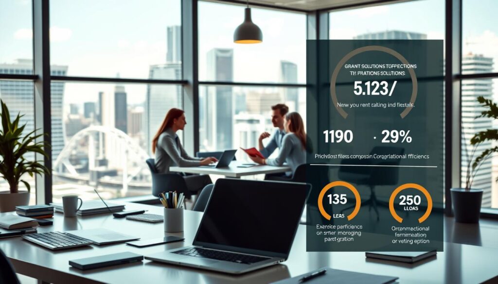 A sleek, modern office interior with floor-to-ceiling windows overlooking a bustling cityscape. In the foreground, a well-designed workstation features a laptop, tablet, and various office supplies, all arranged with an efficient and organized aesthetic. The middle ground showcases a team of professionals collaborating around a conference table, their expressions focused and engaged. The background depicts a stylized infographic highlighting key metrics and insights related to grant solutions and their impact on organizational efficiency. Soft, directional lighting creates a warm, productive ambiance, while the clean, minimalist design conveys a sense of streamlined professionalism.