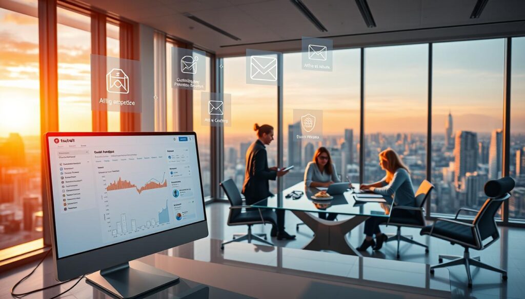 A sleek, modern office setting with a focus on AI-powered email marketing tools. In the foreground, a stylish desktop computer displays a dashboard of email analytics and campaign optimization features. Hovering above the screen, a holographic projection showcases customer segmentation, predictive modeling, and automated email workflows. In the middle ground, a team of professionals collaborates around a glass conference table, discussing campaign strategies and reviewing performance metrics on their tablets. The background features floor-to-ceiling windows, offering a panoramic view of a vibrant city skyline, bathed in the warm glow of a golden hour sunset. The overall mood is one of efficiency, innovation, and data-driven decision making.