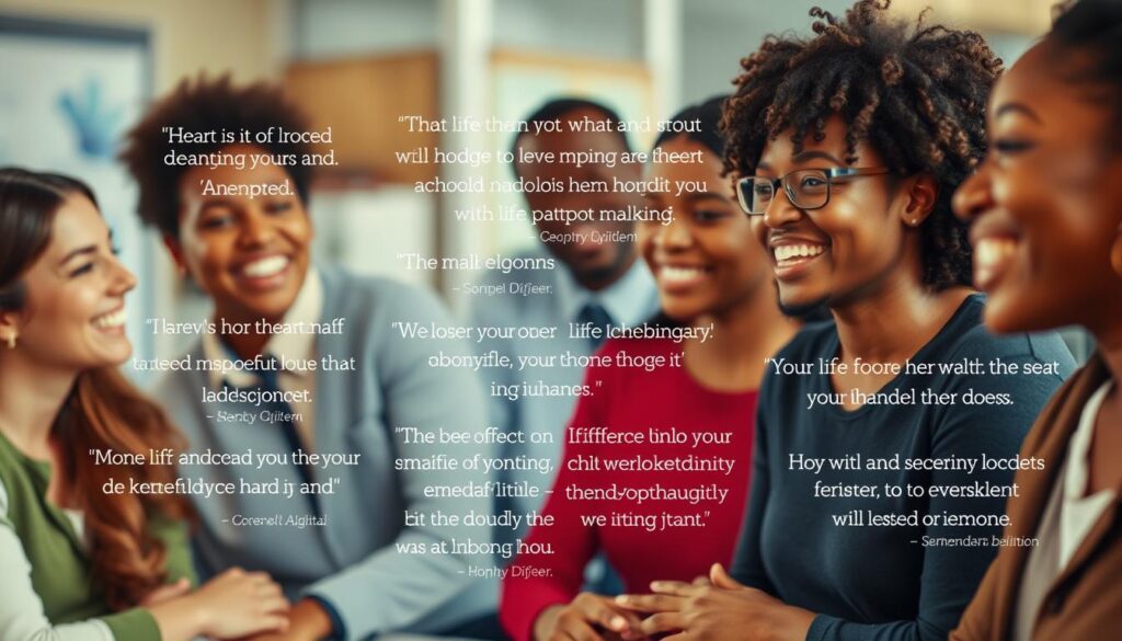 A vibrant collage of heartfelt nonprofit testimonials, captured in a warm, documentary-style aesthetic. In the foreground, a diverse group of people sharing their inspiring stories, their expressions conveying gratitude and empowerment. The middle ground features a tasteful, elegant layout of supportive quotes, each one a testament to the life-changing impact of the organization. The background is a softly blurred scene, perhaps an office or community space, evoking a sense of community and collaboration. Subtle, natural lighting casts a soothing glow, while a subtle depth of field draws the viewer's eye to the central focus. This image aims to capture the human element and tangible successes of nonprofit work, conveying a sense of hope and transformation.