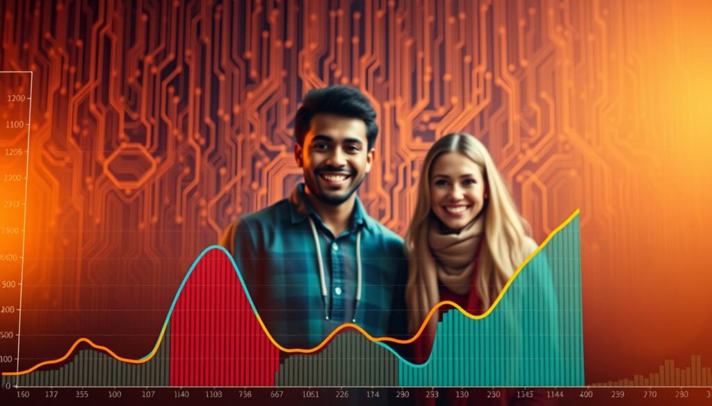 A vibrant, data-driven visualization of the impact of AI-powered fundraising. In the foreground, a dynamic line graph depicting growth and trends in fundraising metrics. In the middle ground, a trio of diverse, smiling donors representing the diverse audience reached through data-driven outreach. In the background, a subtly patterned backdrop of circuits and data streams, symbolizing the technological foundations powering the fundraising success. Warm, indirect lighting casts a sense of optimism and progress, captured through a wide-angle, cinematic lens that emphasizes the collaborative, human-centric nature of this data-driven fundraising impact.