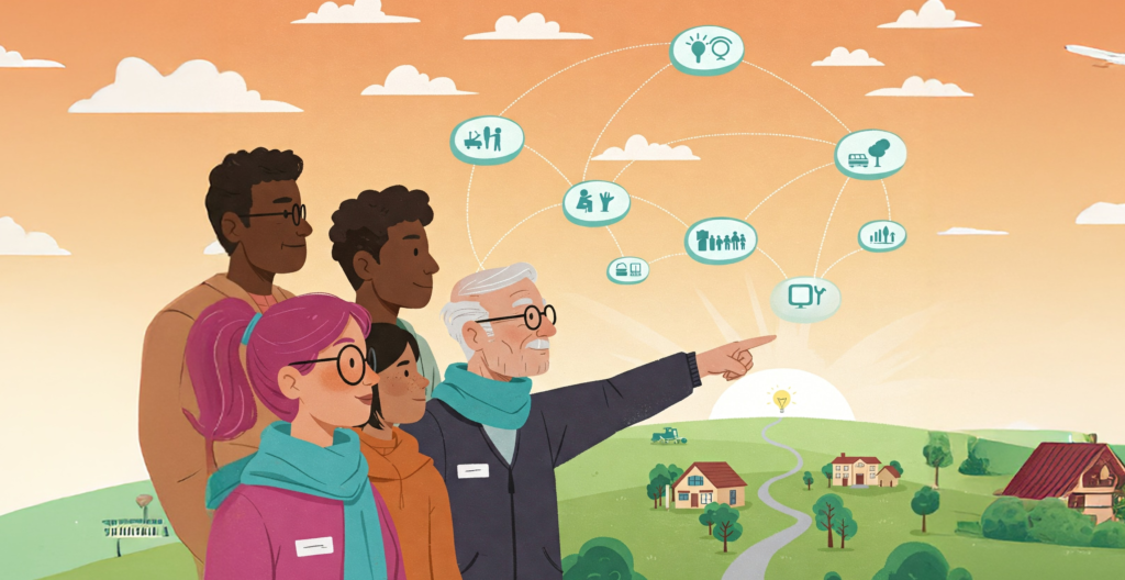 A diverse group looks toward a bright future with interconnected icons above a peaceful landscape.